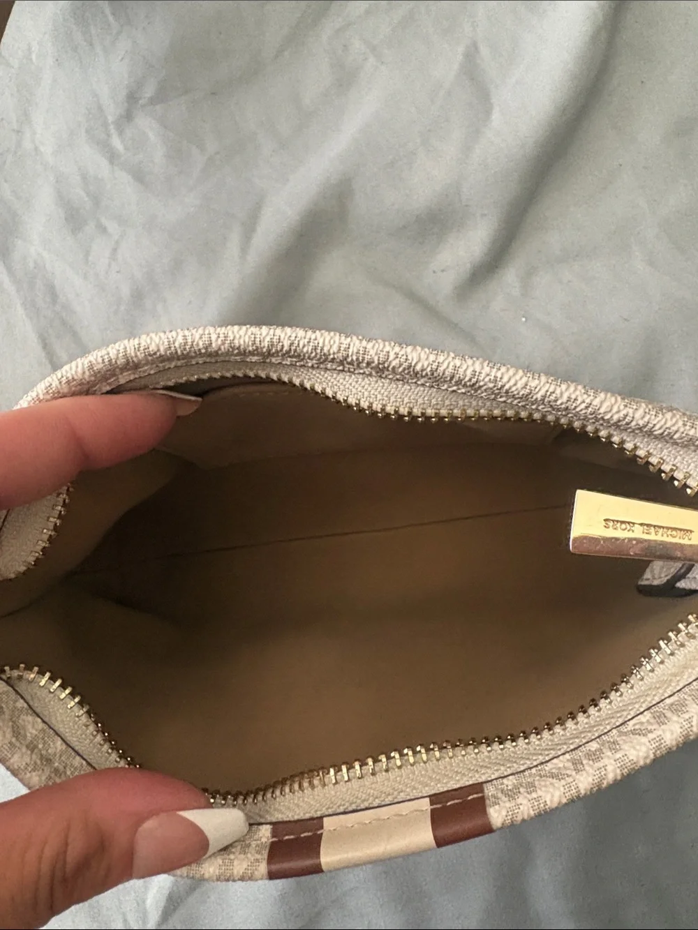 Michael Kors Cream and Brown Signature Stripe Crossbody